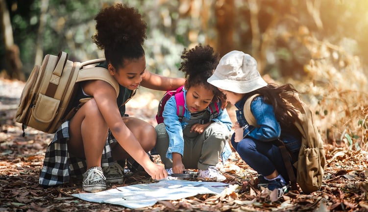 Children playing outside in woodland area