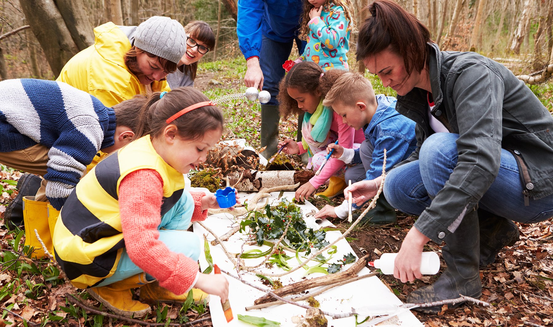 Children enjoying bushcraft and foraging with their teacher