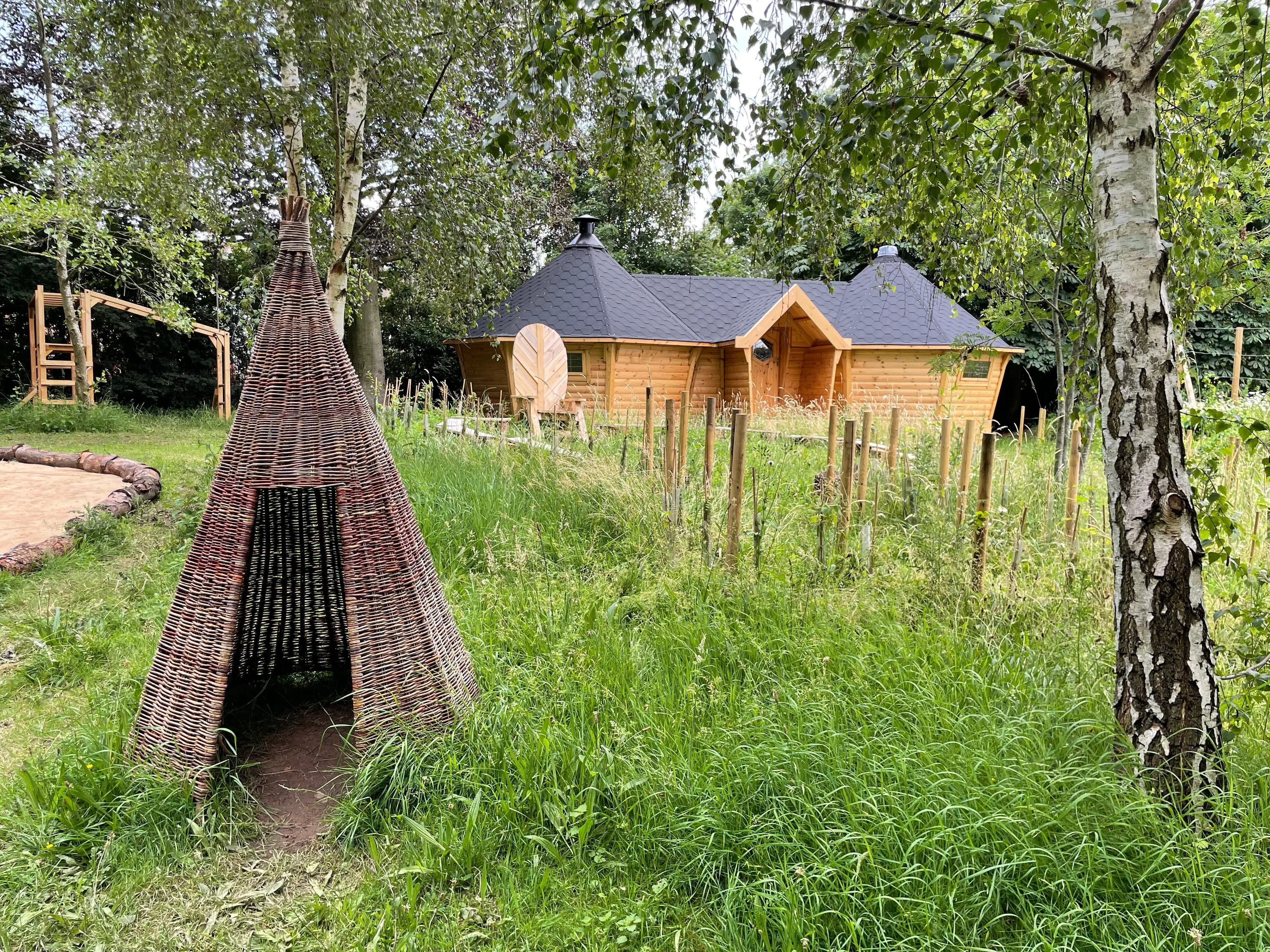 connected log cabins for outdoor activities 