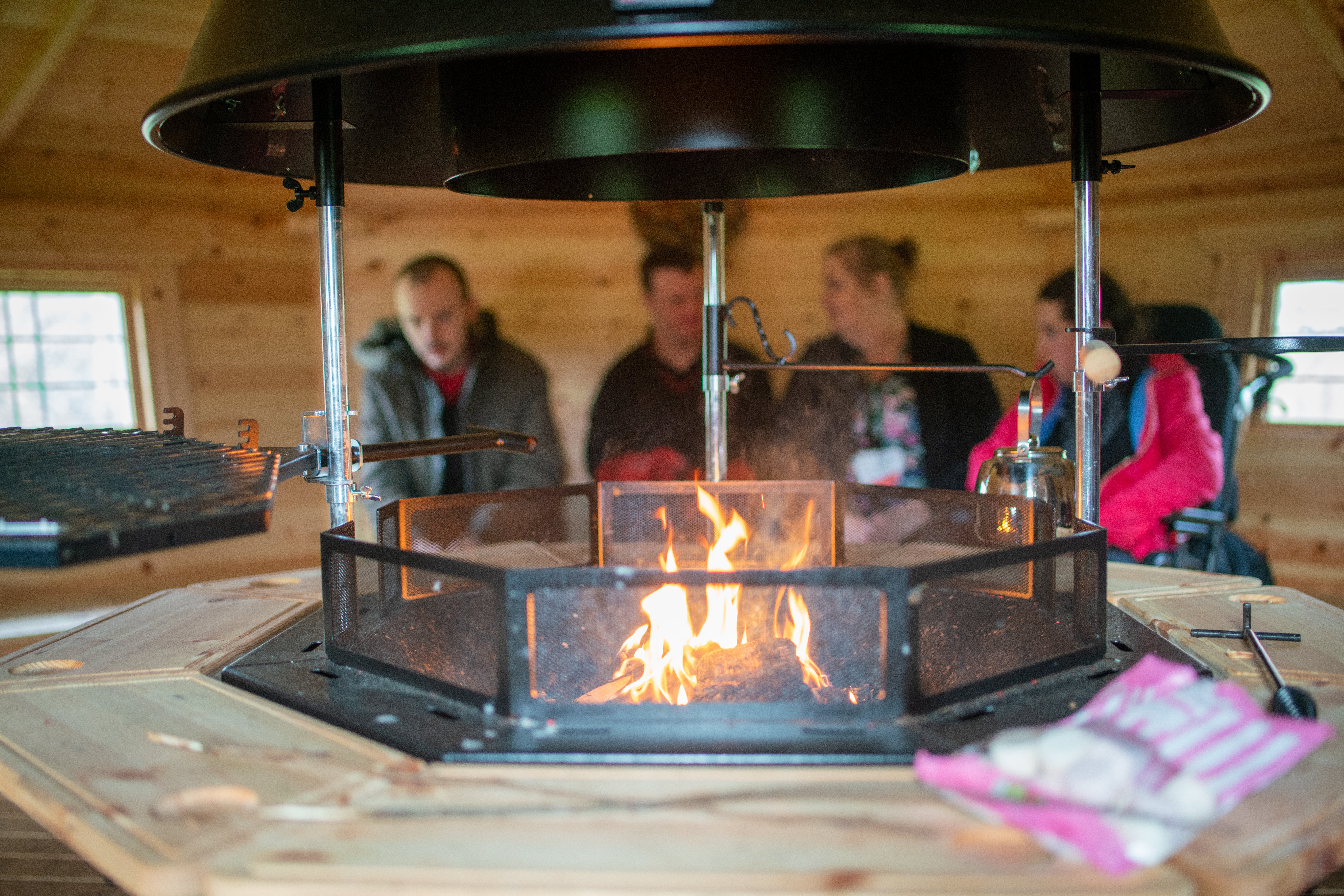 School BBQ Cabin interior with fire lit