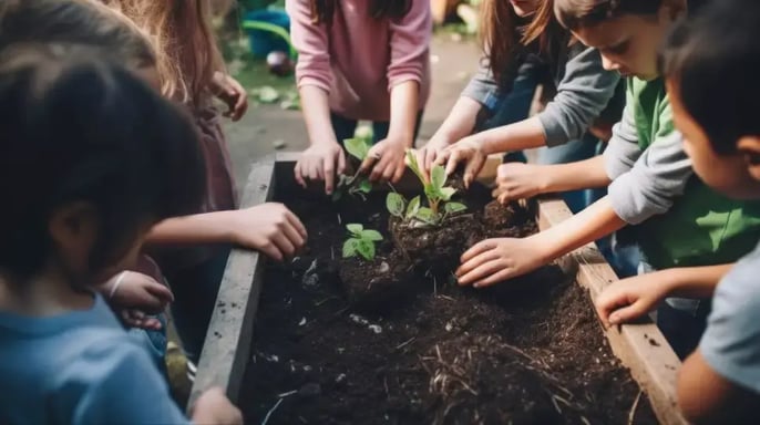 kid-planting-infront-log-cabin